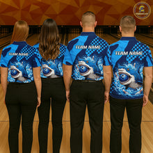 Load image into Gallery viewer, Four people wearing blue bowling shirts with shark graphics and 'Team Name' text in a bowling alley.