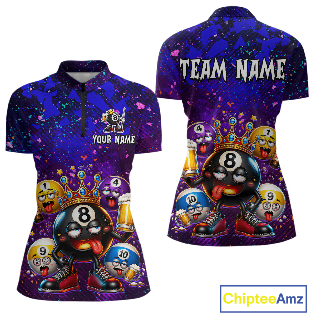 Front and back views of a short-sleeve polo shirt on a white background. The shirt features a dark purple and blue galaxy print with a cartoon 8-ball pool ball character wearing a crown, beer mugs, and numbered billiard balls.