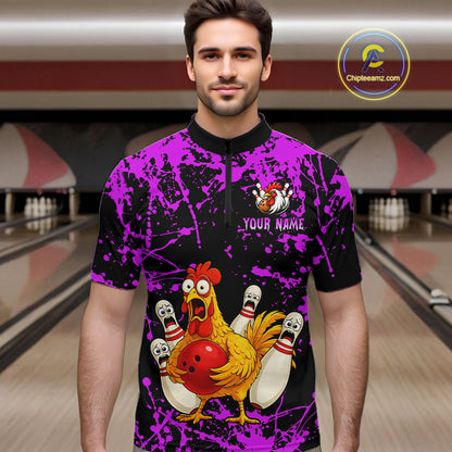 Custom Purple Funny Chicken Bowling Jersey for Men Bowling Uniform Bowling Team Shirts HNT282