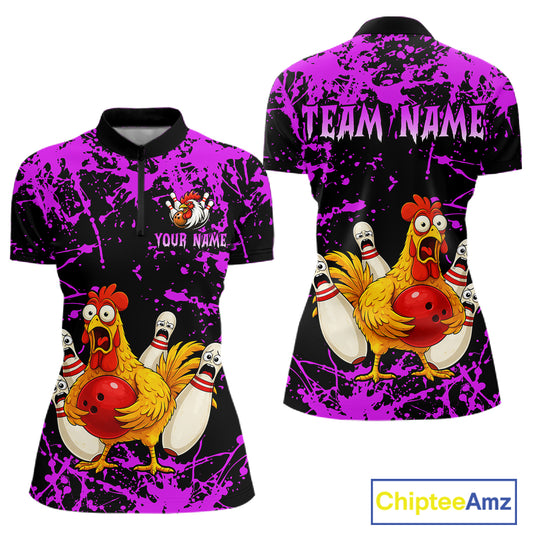 Custom Purple Funny Chicken Bowling Jersey for Women Bowling Uniform Bowling Team Shirts HNT282