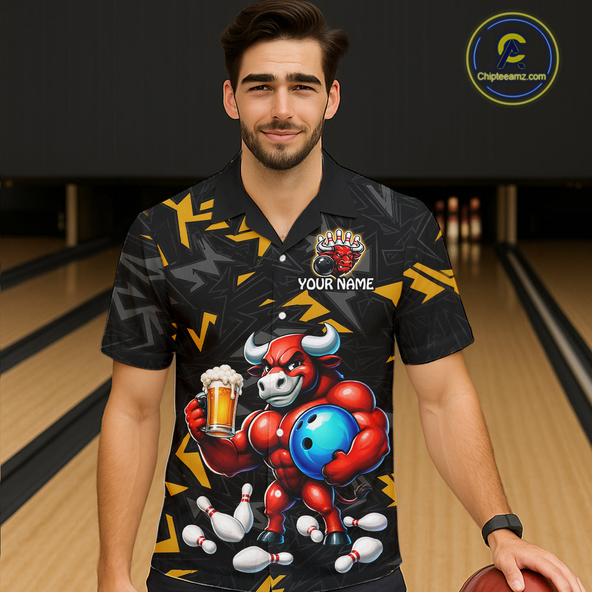 Custom Yellow Beer Bull Hawaiian Bowling Jersey Bowling Team Shirts Bowling Uniform HNT329