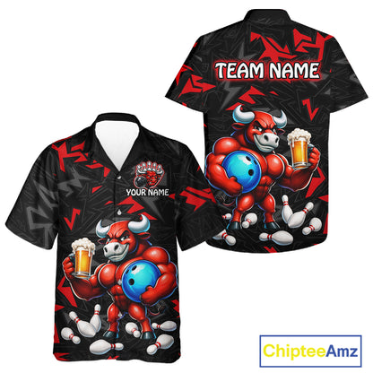Custom Red Beer Bull Hawaiian Bowling Jersey Bowling Team Shirts Bowling Uniform HNT329