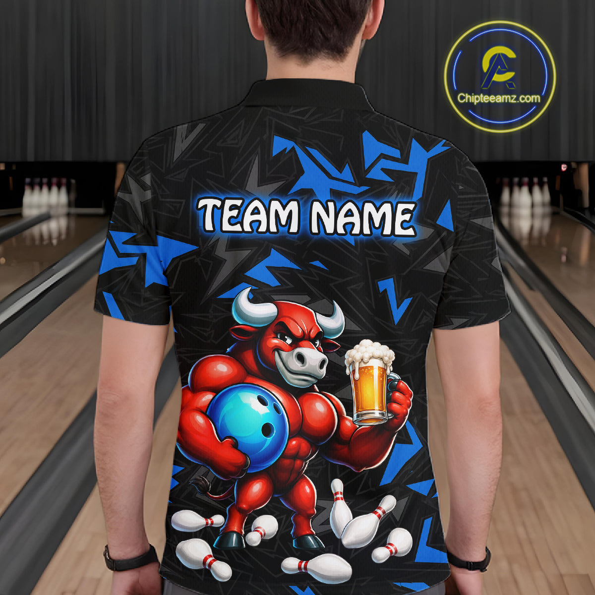 Men’s blue beer bull bowling polo shirt, back view on male model in bowling lane 