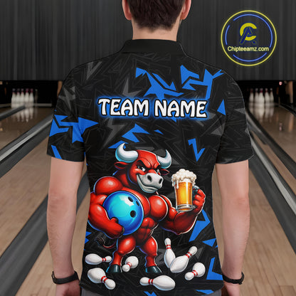 Men’s blue beer bull bowling polo shirt, back view on male model in bowling lane 