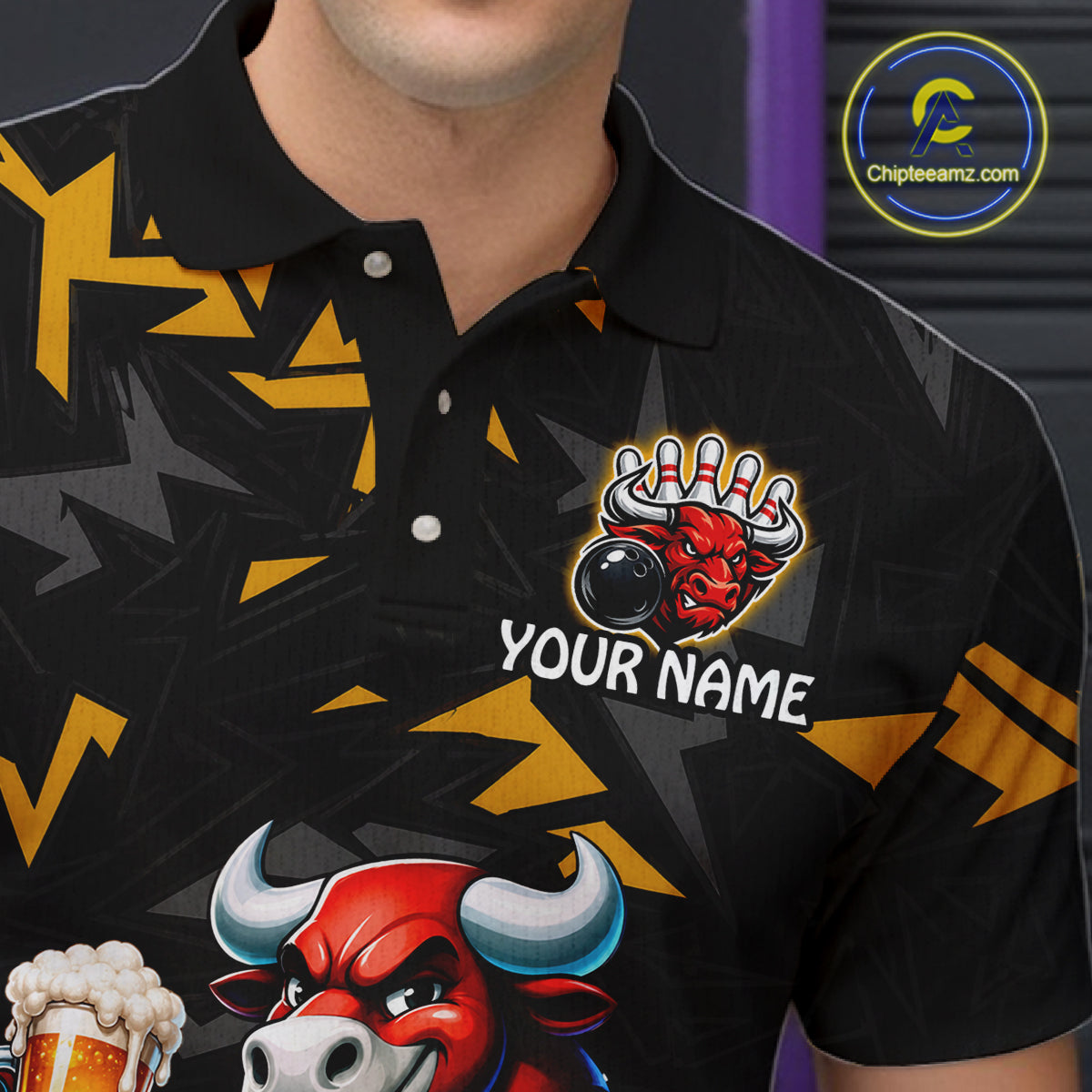 Men’s beer bull bowling polo shirt with custom name, angled front view showing custom team design 
