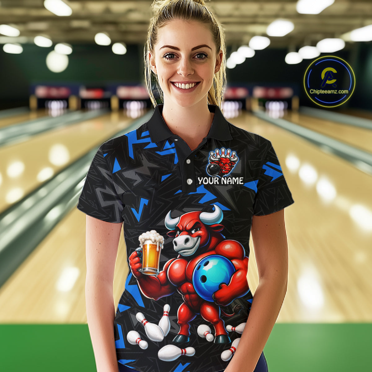 Women’s blue beer bull bowling quarter zip shirt, front view on female model in bowling lane 