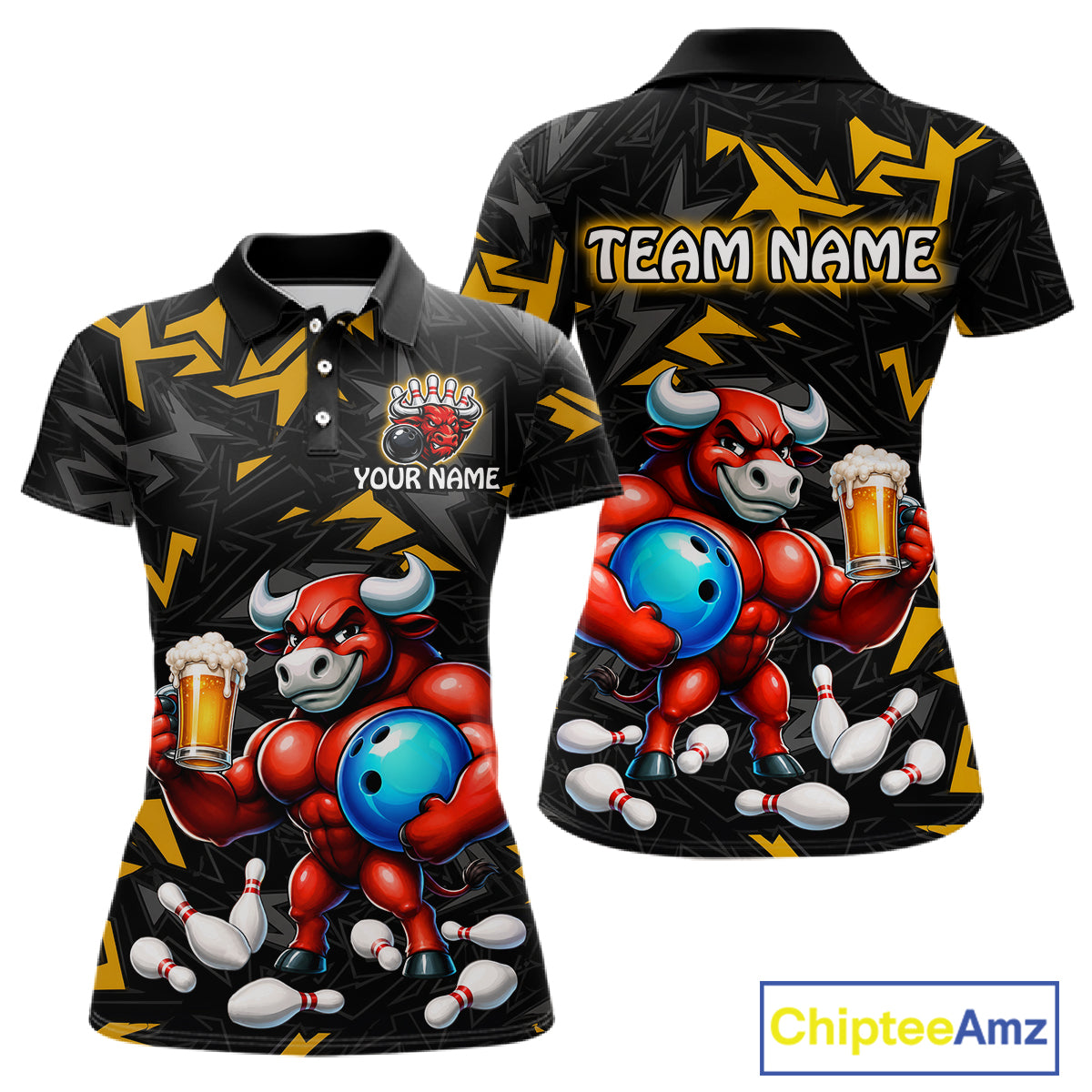 Custom yellow beer bull bowling jersey for women, personalized team bowling polo shirt front view and back view