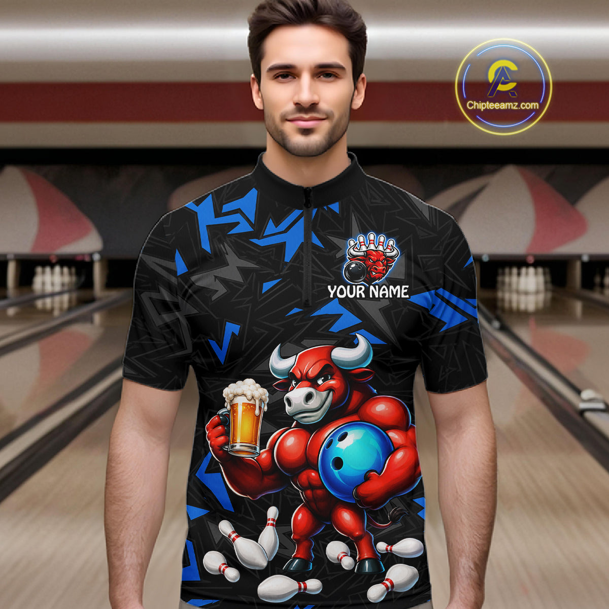 Men’s blue beer bull bowling quarter zip shirt, front view on male model in bowling lane 