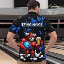Load image into Gallery viewer, Men’s blue beer bull bowling quarter zip shirt, back view on male model in bowling lane 