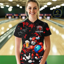 Load image into Gallery viewer, Women’s red beer bull bowling quarter zip shirt, front view on female model in bowling lane 