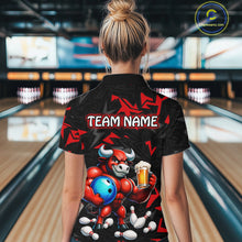 Load image into Gallery viewer, Women’s red beer bull bowling quarter zip shirt, back view on female model in bowling lane 