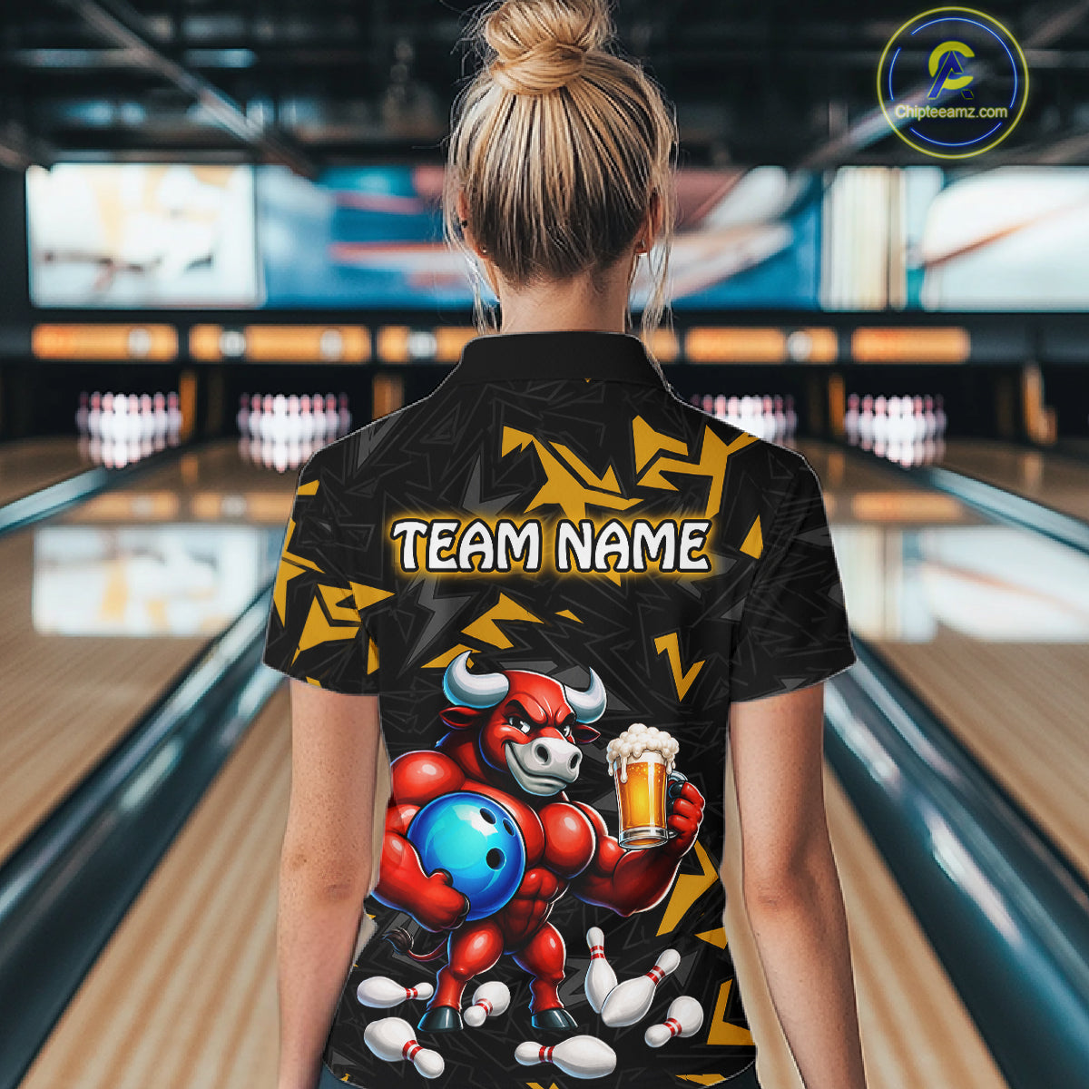 Women’s yellow beer bull bowling polo shirt, back view on female model in bowling lane 