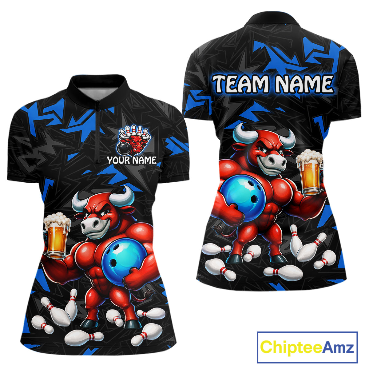 Custom blue beer bull bowling jersey for women, personalized team bowling quarter zip shirt front view and back view