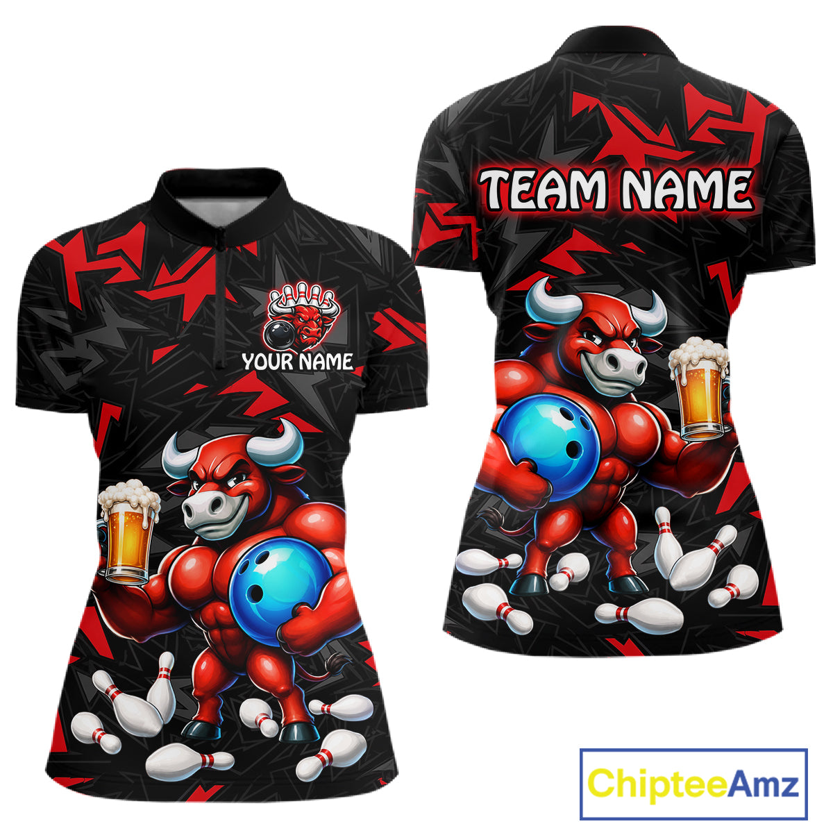 Custom red beer bull bowling jersey for women, personalized team bowling quarter zip shirt front view and back view