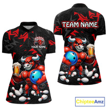 Load image into Gallery viewer, Custom red beer bull bowling jersey for women, personalized team bowling quarter zip shirt front view and back view