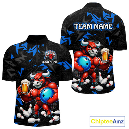 Custom blue beer bull bowling jersey for men, personalized team bowling quarter zip shirt front view and back view