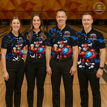 Load image into Gallery viewer, Group of bowlers in blue beer bull team shirts, personalized bowling uniforms front view.