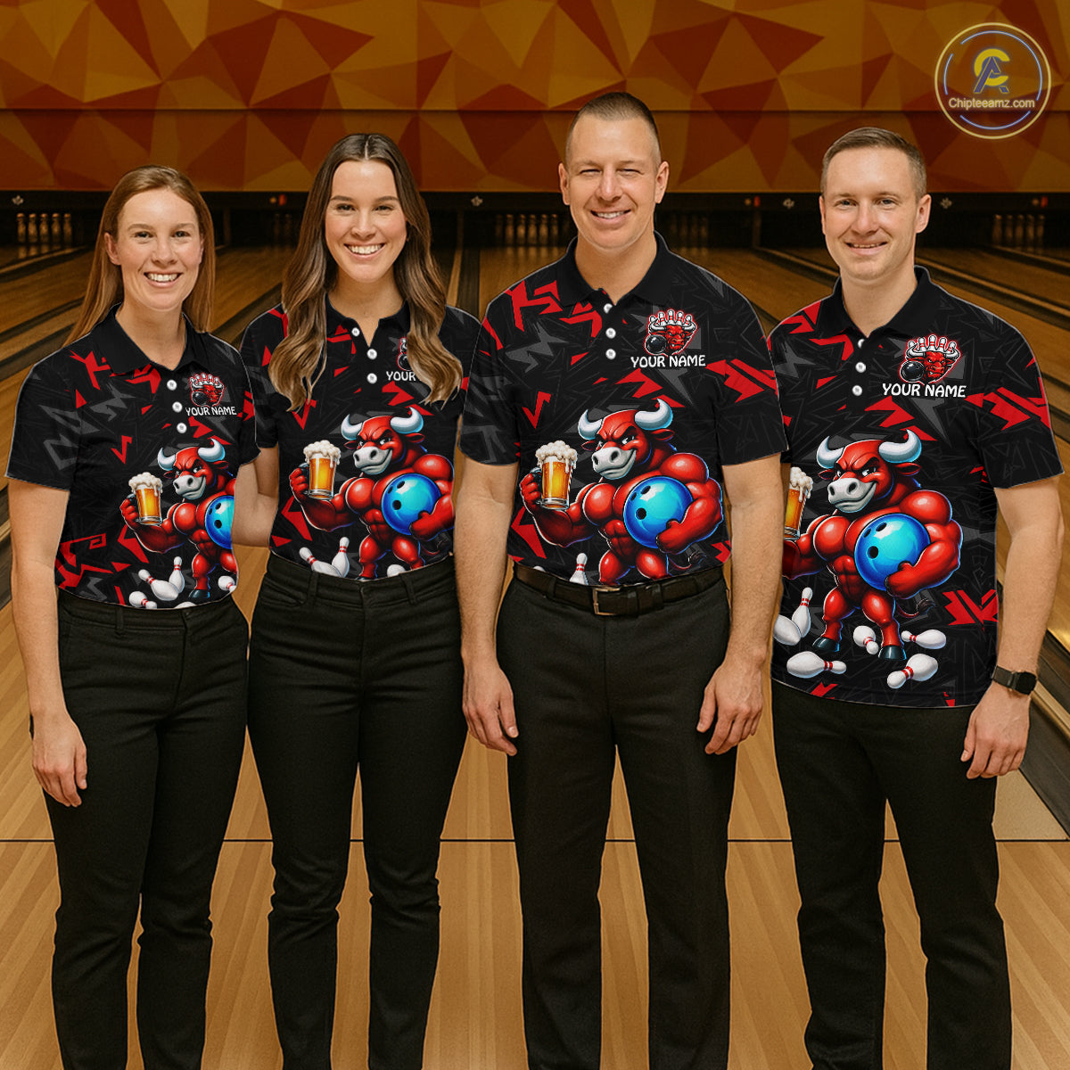 Group of bowlers in red beer bull team shirts, personalized bowling uniforms front view.