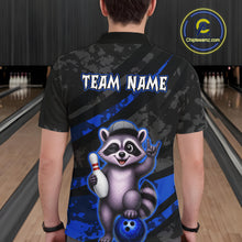 Load image into Gallery viewer, Person wearing a bowling shirt with a raccoon graphic and 'Team Name' text on a bowling alley background.