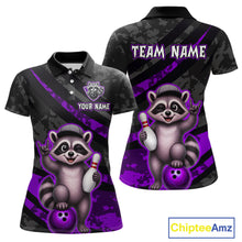 Load image into Gallery viewer, Polo shirt with raccoon design and customizable text on a black and purple background