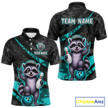 Load image into Gallery viewer, Black and teal bowling-themed polo shirt with raccoon design and customizable text on a white background.