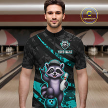 Load image into Gallery viewer, Man wearing a bowling shirt with a raccoon graphic in a bowling alley.