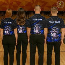 Load image into Gallery viewer, Four people wearing bowling shirts with a raccoon graphic and 'Team Name' text on a bowling alley.