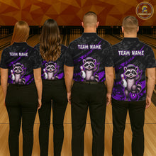 Load image into Gallery viewer, Four people wearing bowling shirts with a raccoon design and 'Team Name' text on a bowling alley background.