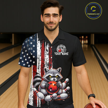 Custom Black US Flag Raccoon Hawaiian Bowling Jersey Bowling Team Shirts Bowling Uniform HNT334