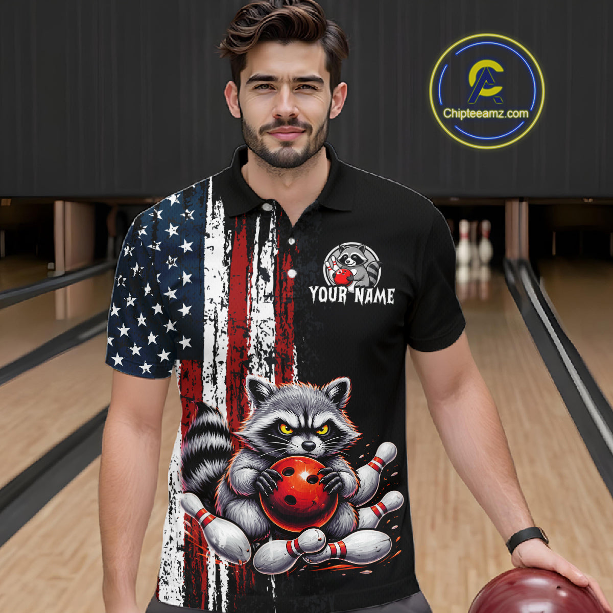 Men’s us flag raccoon bowling polo shirt, front view on male model in bowling lane 