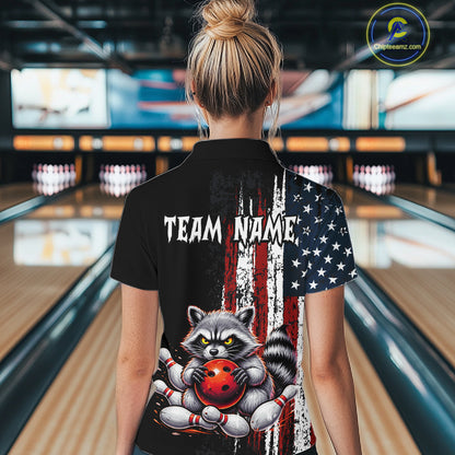 Women’s us flag raccoon bowling quarter zip shirt, back view on female model in bowling lane 