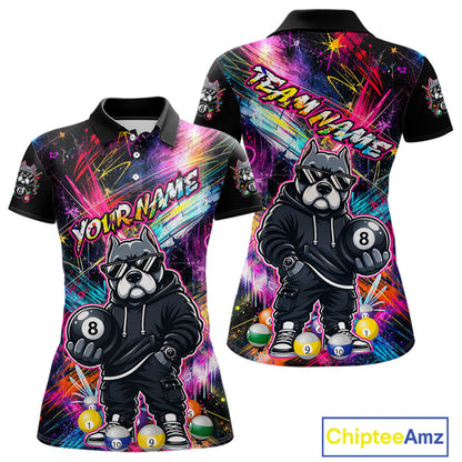Front and back views of a vibrant billiards polo shirt featuring a american bully dog in sunglasses and a hoodie holding an 8-ball, set against colorful graffiti-style splatter artwork.