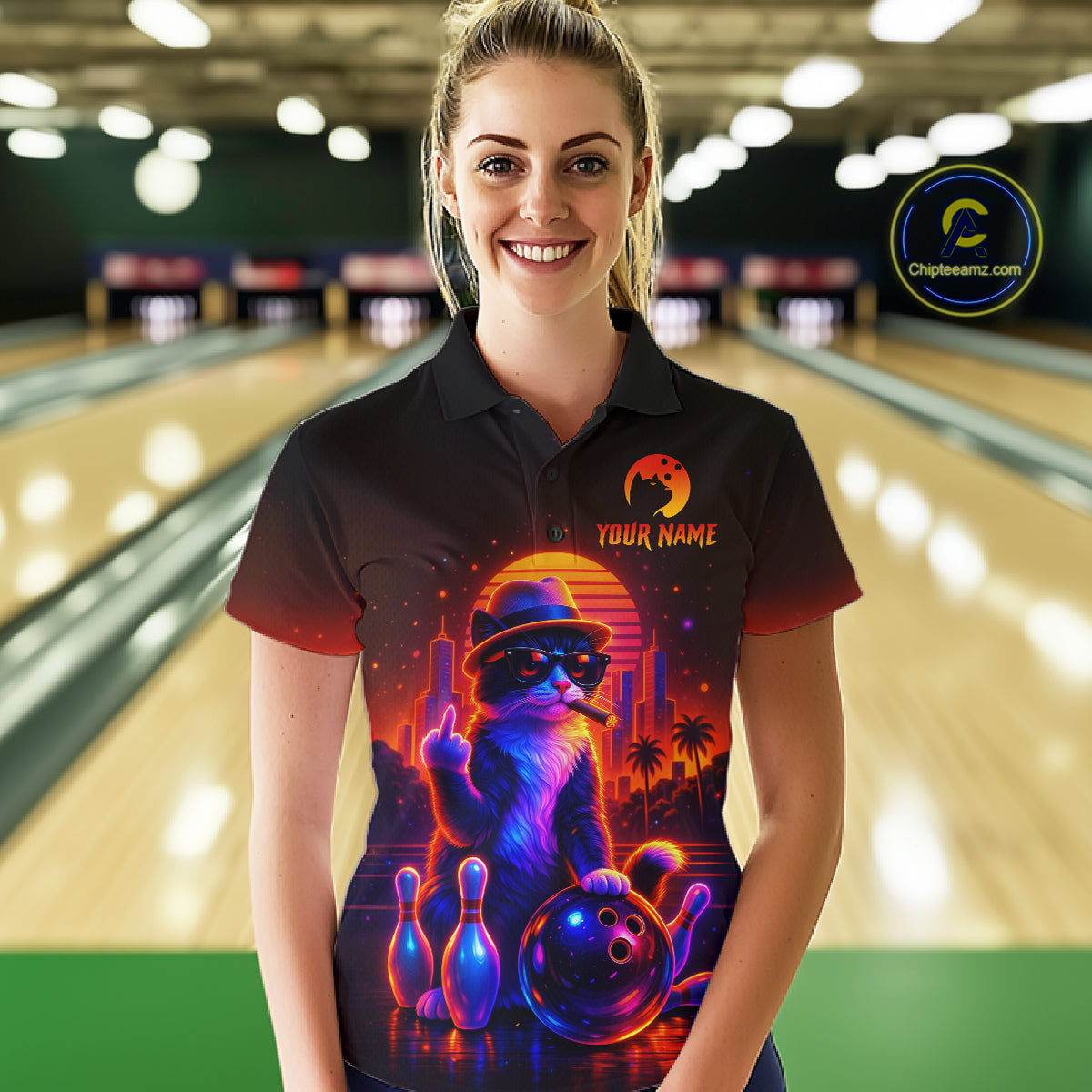 Custom Funny Cat Bowling Jersey for Women Bowling Tournament Polo & 1/4 Zip Bowling Team Shirts HNT204