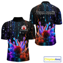 Load image into Gallery viewer, Bowling-themed quarter zip  shirt with colorful design and space for customization on a white background.