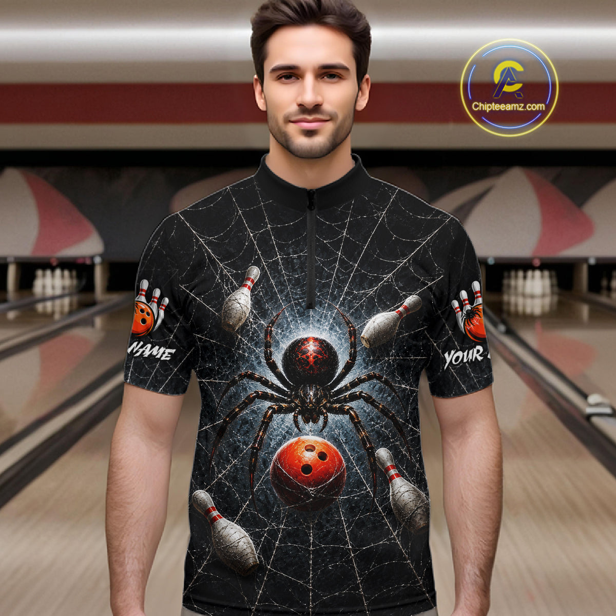 A man wearing a black short-sleeve bowling-themed t-shirt with a spider, web, bowling pins, and red bowling balls graphic, set against a blurred bowling alley background. A 'ChipteeAmz'.