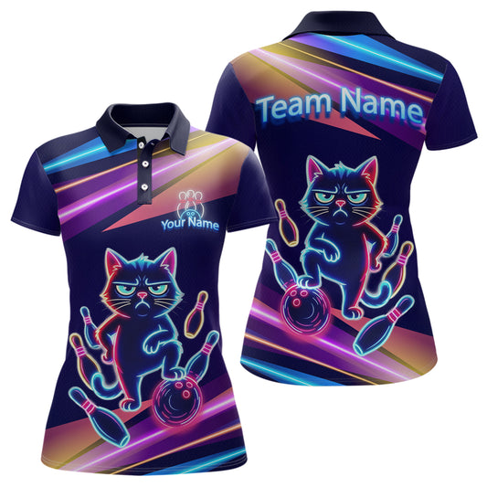 Custom Funny Cat Neon Bowling Jerseys for Women Bowling League Polo & 1/4 Zip Bowling Team Shirts HNT202