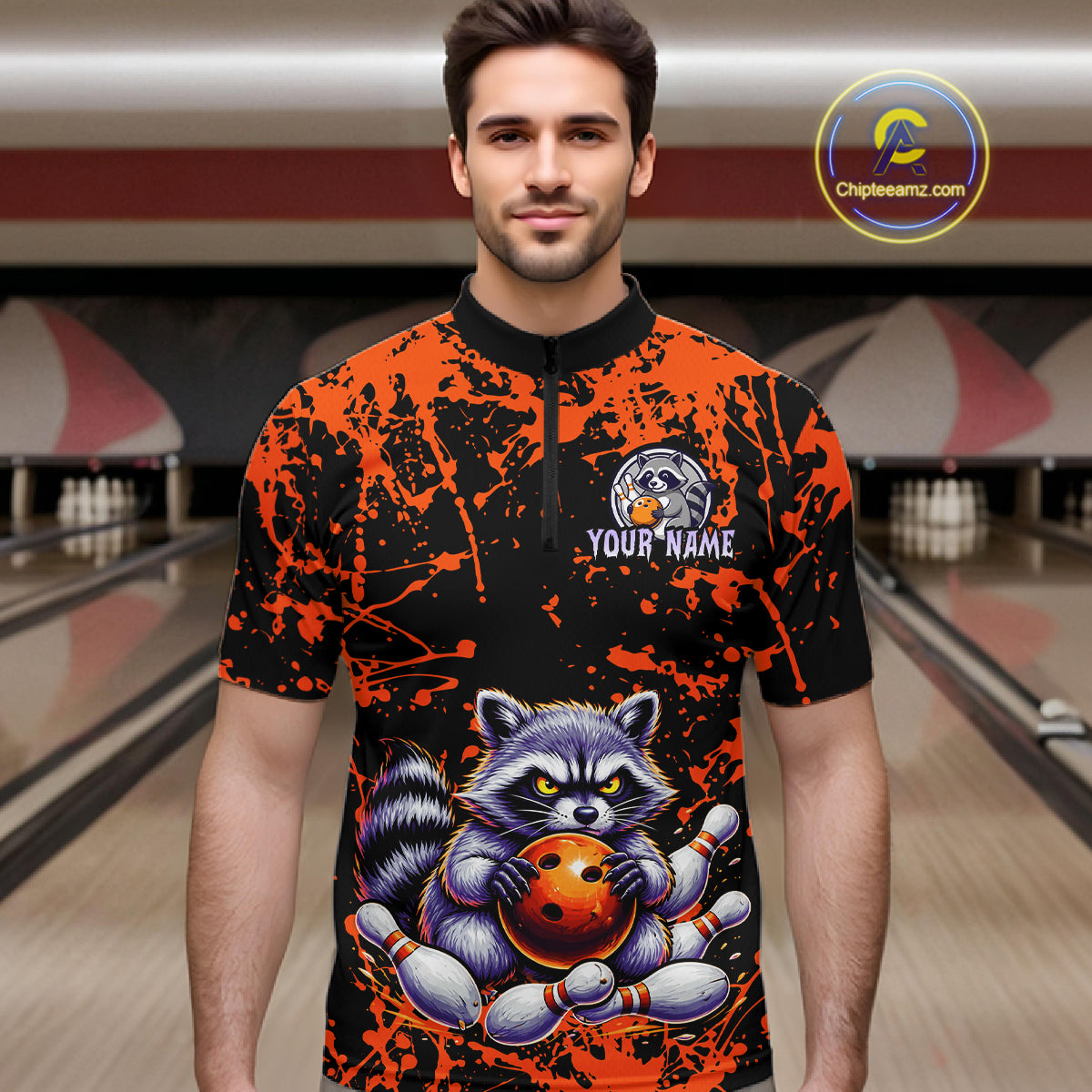 Custom Orange Raccoon Bowling Jersey for Men Bowling Uniform Polo & 1/4 Zip Bowling Team Shirts HNT224