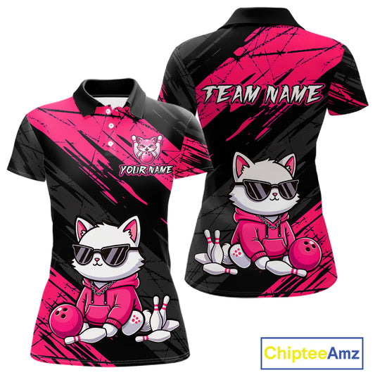 Custom Funny Pink Cat Bowling Jersey for Women Bowling Team Shirts Bowling Polo & 1/4 Zip HNT257