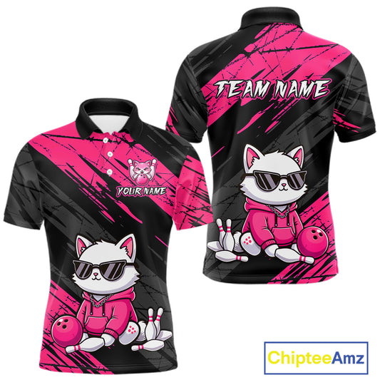 Custom Funny Pink Cat Bowling Jersey for Men Bowling Team Shirts Bowling Polo & 1/4 Zip HNT257