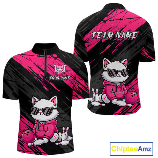 Custom Funny Pink Cat Bowling Jersey for Men Bowling Team Shirts Bowling Polo & 1/4 Zip HNT257