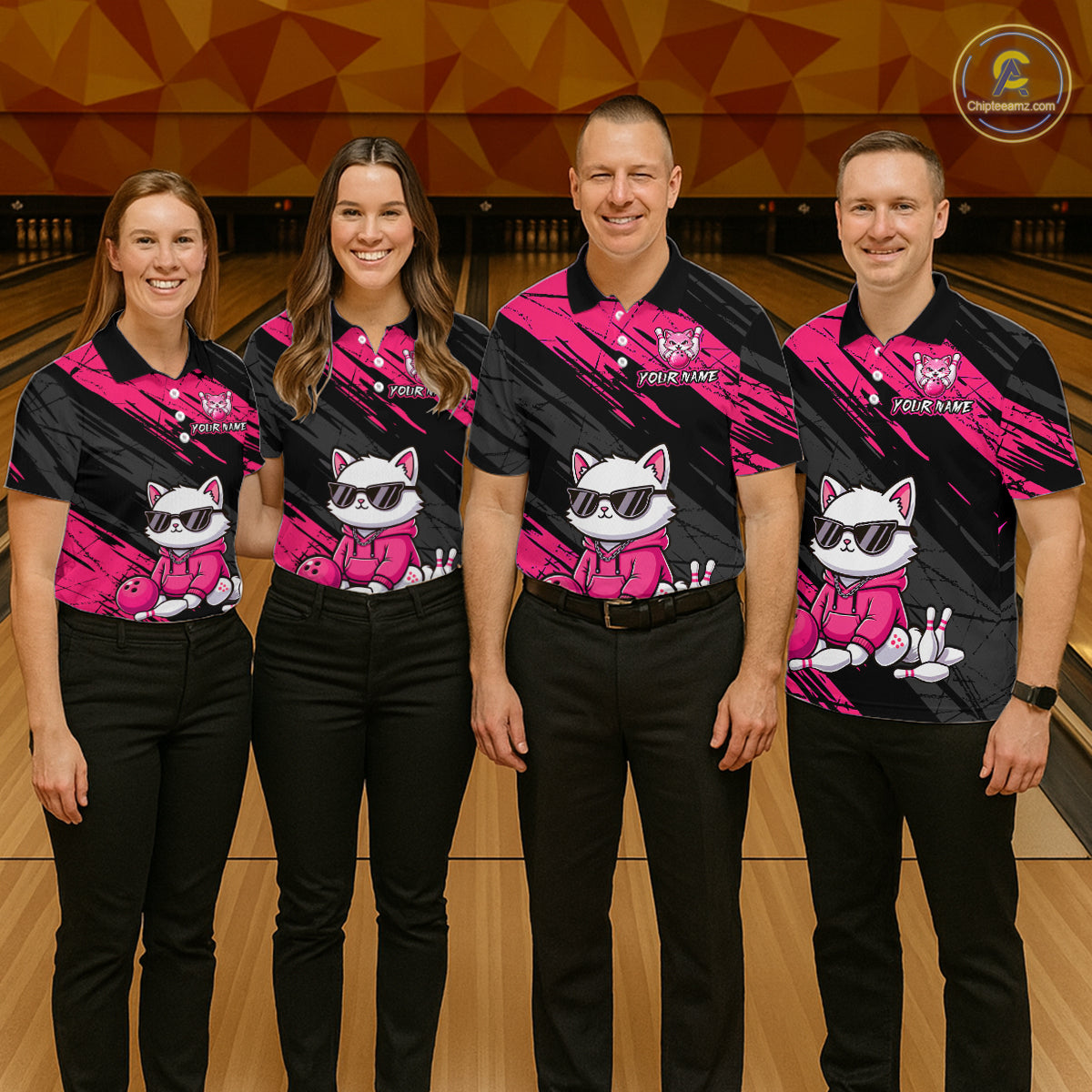 Custom Funny Pink Cat Bowling Jersey for Men Bowling Team Shirts Bowling Polo & 1/4 Zip HNT257