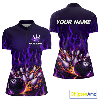 Purple Flaming Bowling Jersey for Women Custom Bowling League Bowling Team Shirts HN293