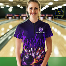 Load image into Gallery viewer, Purple Flaming Bowling Jersey for Women Custom Bowling League Bowling Team Shirts HN293