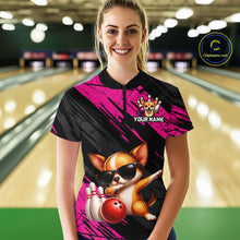 Load image into Gallery viewer, Person wearing a custom bowling shirt with a dog design in a bowling alley.