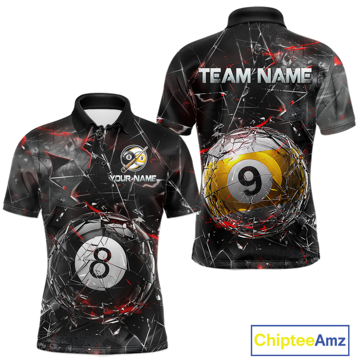 Men’s collared pool-themed polo dress in black and gray tones with cracked glass artwork, custom “TEAM NAME” and “YOUR NAME” text areas, and dramatic 8-ball and 9-ball illustrations.