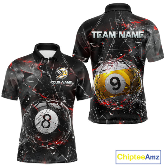 Men’s collared pool-themed polo dress in black and gray tones with cracked glass artwork, custom “TEAM NAME” and “YOUR NAME” text areas, and dramatic 8-ball and 9-ball illustrations.