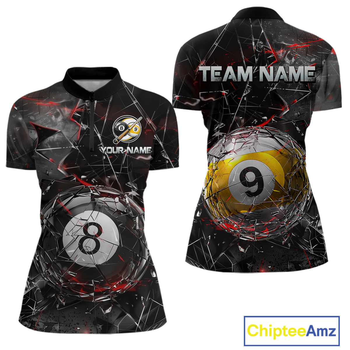 Women’s collared pool-themed quarter zip dress in black and gray tones with cracked glass artwork, custom “TEAM NAME” and “YOUR NAME” text areas, and dramatic 8-ball and 9-ball illustrations.
