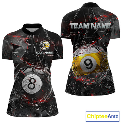 Women’s collared pool-themed quarter zip dress in black and gray tones with cracked glass artwork, custom “TEAM NAME” and “YOUR NAME” text areas, and dramatic 8-ball and 9-ball illustrations.