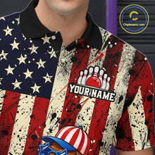 Load image into Gallery viewer, Polo shirt with American flag design and bowling-themed graphics, featuring a visible brand logo.