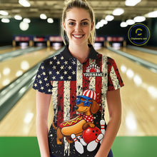 Load image into Gallery viewer, Person wearing a colorful bowling shirt with a patriotic design in a bowling alley.